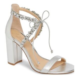 Badgley Mischka Jewel Thamar Crystal Strappy Block Heel | Color: Silver |NEW/NIB